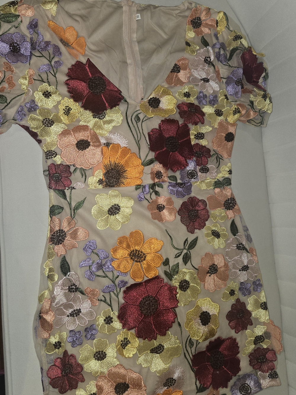 Floral Embroidered V-Neck Short Dress in Nude